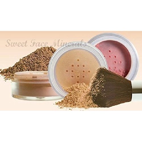 4pc KIT w/KABUKI BRUSH Mineral Makeup Bare Set Full Coverage Concealer Blush Foundation Powder (Deep Tan)