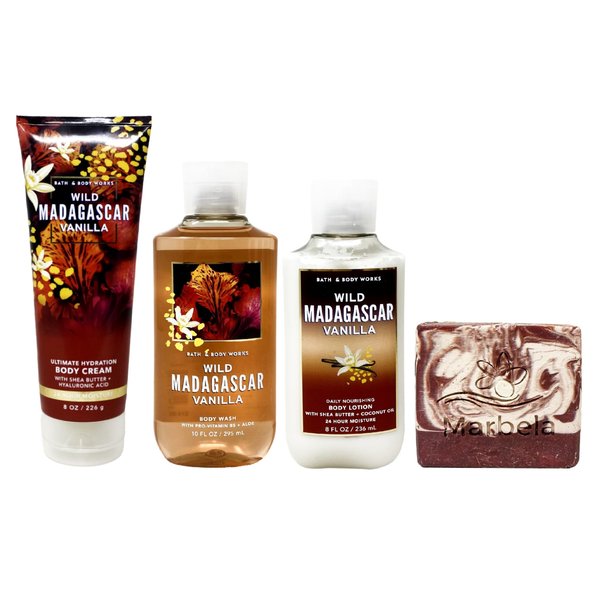 Bath & Body Works Wild Madagascar Vanilla 3 Piece Gift Set with a Cherry On Top Bar Soap - Body Cream - Body Wash and Body Lotion - Full Size