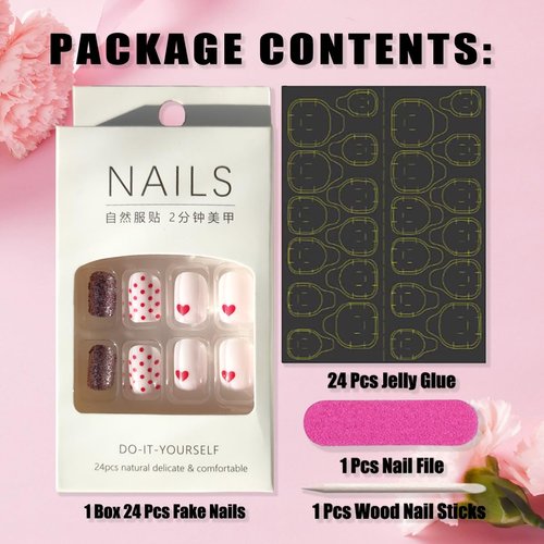 Valentines Nails Press on Nails Short Square Heart Fake Nails 24Pcs Glitter Design Valentines Day Nails with Glue Valentines Red Heart Full Cover False Nails for Women and Girls DIY Manicure