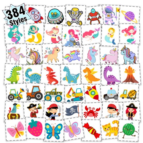 Partywind 384 Mixed Styles Temporary Tattoos for Kids, Cute Tattoo Stickers as Birthday Surprise Boys and Girls, Party Supplies Favors with Dinosaur/Mermaid/Pirate and More (8 Sheets)