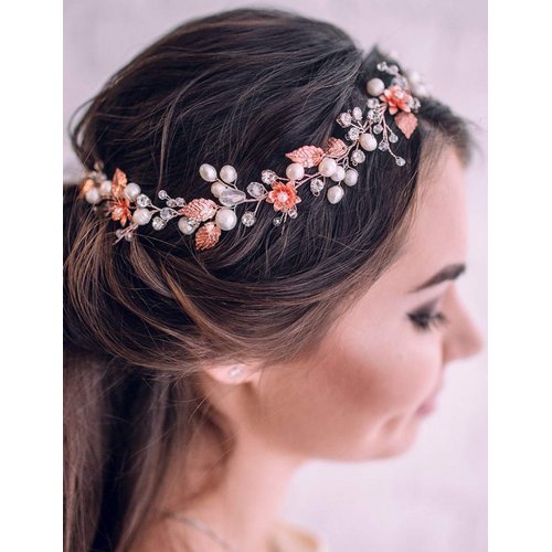 Jumwrit Bridal Pearl Headband Rhinestone Crystal Headpiece Flower Leaves Hair Vine Dainty Hair Band Wedding Hair Accessories for Women Girls Bride Bridesmaid