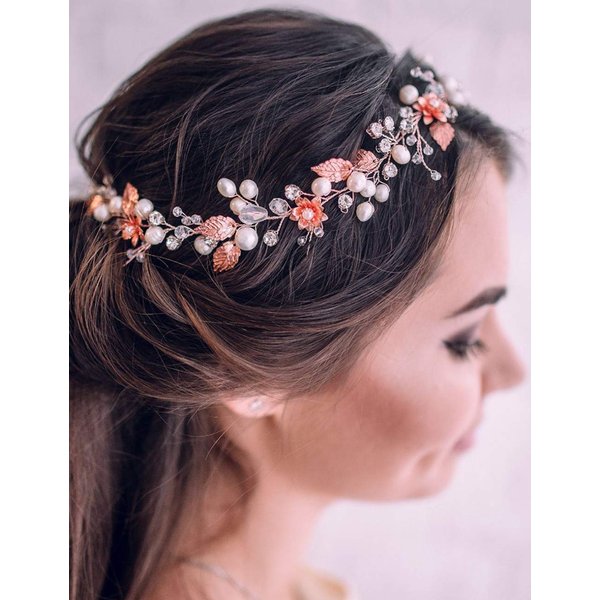 Jumwrit Bridal Pearl Headband Rhinestone Crystal Headpiece Flower Leaves Hair Vine Dainty Hair Band Wedding Hair Accessories for Women Girls Bride Bridesmaid