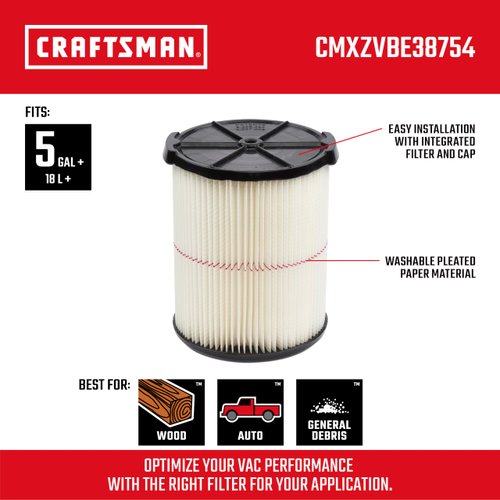 CRAFTSMAN CMXZVBE38754 Red Stripe General Purpose Wet/Dry Vac Replacement Filter for 5 to 20 Gallon Shop Vacuums