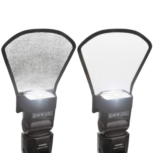 2 Pack Flash Diffuser Reflector - 2-Sided White/Silver Bend Bounce Flash Reflector Kit with Elastic Strap for Canon, Nikon, Sony, Fuji and All Speedlight Flashes