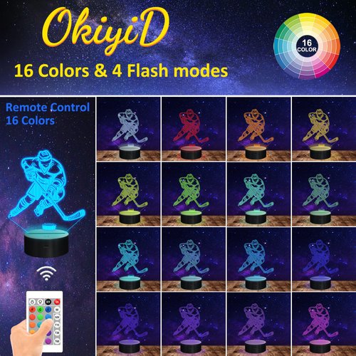 OkiyiD Hockey Gifts for Boy, 3D Illusion Lamp, 3D Hockey Night Light with 16 Colors Remote and Touch Control, Ice Hockey Decor for Kids Room, Boys Girls Birthday Gifts