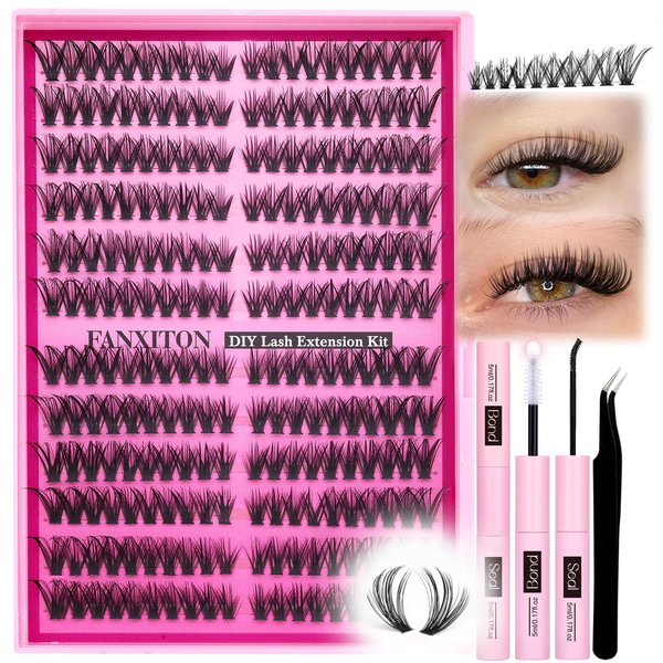 DIY Lash Extension Kit 40D+50D Natural Lash Clusters Kit Cat Eye Lashes Lash Clusters Eyelash Curlers D Curl Individual Lashes Lashes Clusters Bond and Seal Lash Tweezers by FANXITON