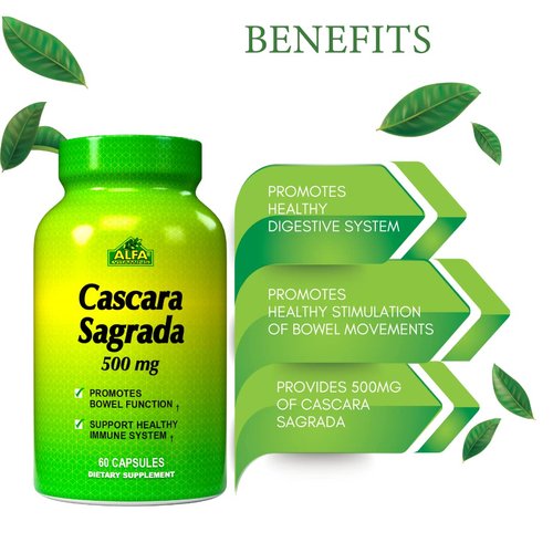 Alfa Vitamins Cascara Sagrada Herbal Supplement 500 MG - Helps Support Digestive System Function - Promotes Regularity - Detox/Cleanse - Supports Healthy Colon - 60 Capsules