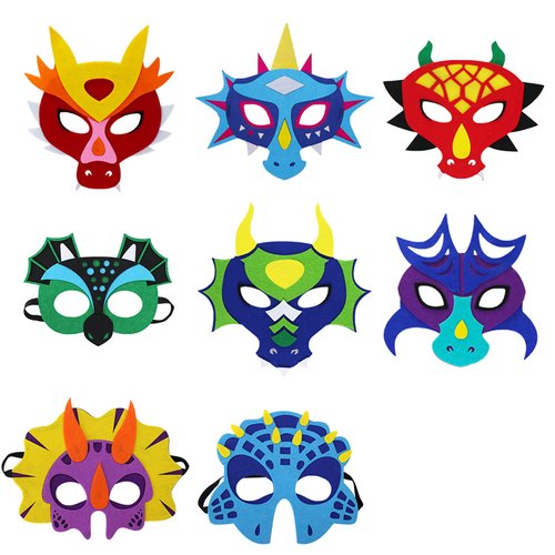Felt Dragon-Masks for Kids Boys Girls Masquerade Party, Dinosaur Christmas Dress Up Dino Birthday Party Favors, 8 Pack