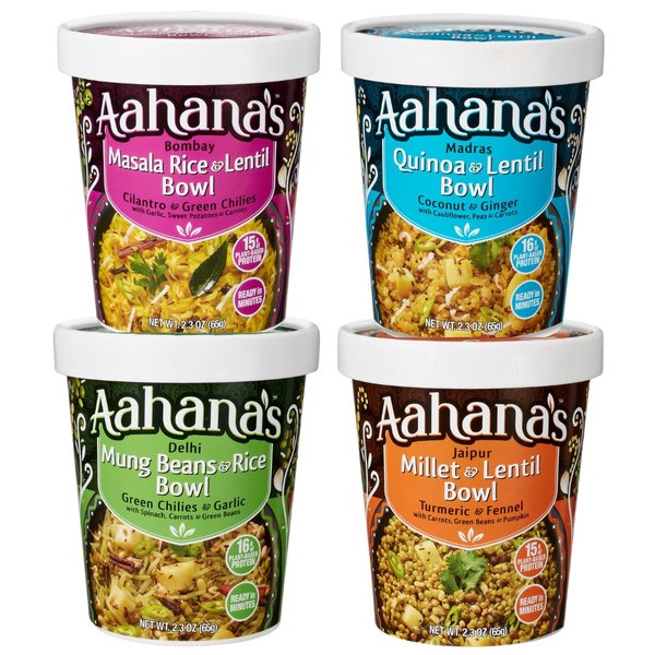 Aahana's Lentils (Dal) & Rice Bowls (Kitchari) Prepared Meals- Ready to Eat Meals, Vegan, Gluten-Free, Plant Based Food- High Protein, Just Add Water Meals - Indian Food With Ayurveda Principles- 4 Pack