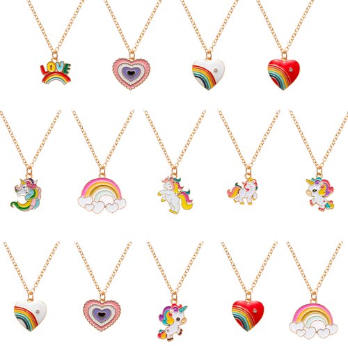 JOYIN 14 Pcs Valentine's Day Cute Necklaces for Teen Girls, Love Heart Shape, Unicorn, Rainbow Necklaces Jewelry Set with 10 Designs, Colorful Gift Party Pretend Dress up Play for Kids Child Toddler