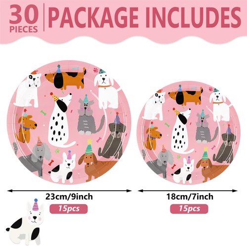 JarThenaAMCS 30Pcs Dog Theme Paper Plate Pink Puppy Disposable Plates 9" & 7" Cute Cartoon Dinner Plates for Animal Pet Party Table Decor Supplies