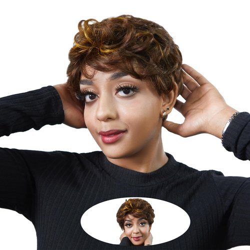 Short Wigs Human Hair for Women Pixie Cut Wig Human Hair Brown with Blonde Wig Wear and Go Glueless Full Machine Made Human Hair Replacement Wigs