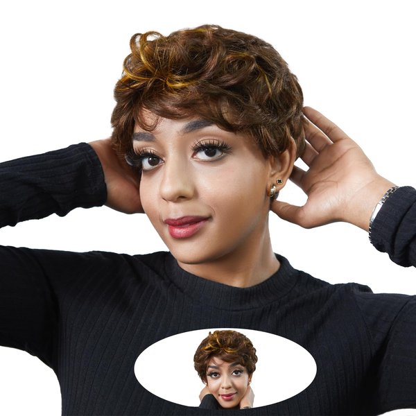 Short Wigs Human Hair for Women Pixie Cut Wig Human Hair Brown with Blonde Wig Wear and Go Glueless Full Machine Made Human Hair Replacement Wigs