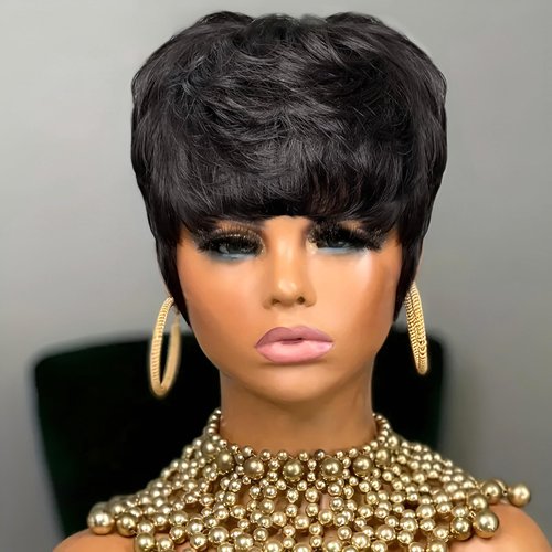 YJOQOKOA Short Human Hair Wigs for Black Women Pixie Cut Wig with Bangs Short Wigs for Black Women Natural Black Color Short Layered Wavy Wigs Glueless Wig Full Machine Made Short Bob Wig