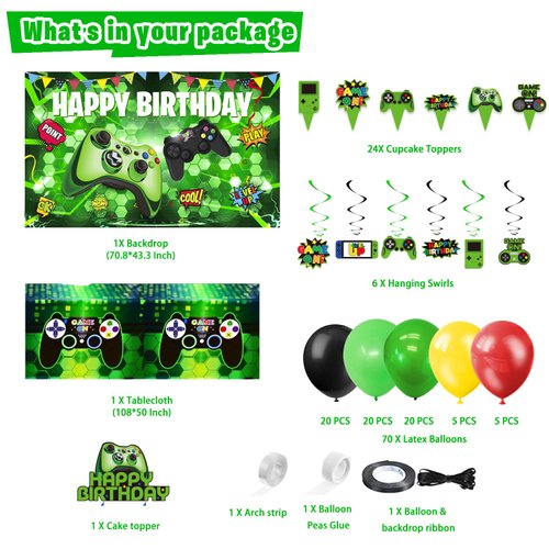 KimaruLZ Video Game Birthday Party Decorations - 108Pcs Green Gamer Gaming Party Supplies For Boys Birthday Party - Birthday Backdrop, Table Cover, Hanging Swirls, Cupcake Topper, Cake Topper, Balloon