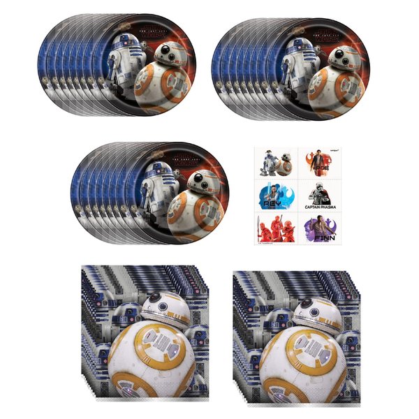 Star Wars Birthday Party Supplies Bundle Pack includes 24 Plates, 32 Napkins, 6 Tattoos