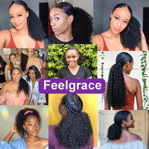 Feelgrace 3C Remy Brazilian Kinky Curly Ponytail Hair Afro Kinky Curly Hair Clip In Hair Piece Natural Color Silky Soft Ponytail Hair (22 Inch, Kinky Curly)
