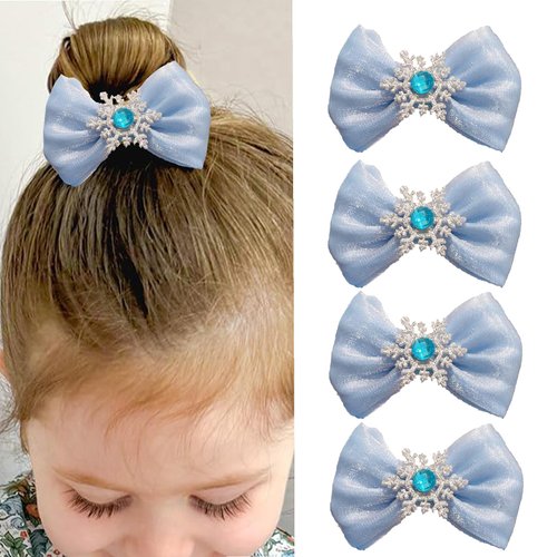 4PCS Snowflake Hair Clips Blue Hair Bow Clips Glitter Snowflake Tulle Hair Bow Snowflake Hairpins Blue White Christmas Hair Accessories for Women Princess Holiday Party Gifts (B)