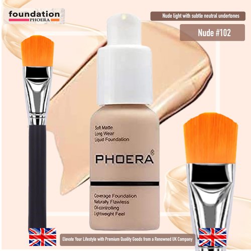 Glamza Phoera Foundation Set with Makeup Brush - Matte Cream Foundation Kit with 102 (Nude) Shade & Applicator - Full Coverage Concealer - 24hr Oil Control - 30ml