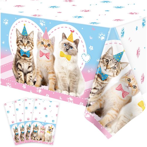 4 Pcs Cat Tablecloth Cat Themed Table Cover Paw Print Tablecloth Cute Cats Plastic Tablecover Kitten Party Table Cloth Cat Birthday Decorations Cat Birthday Party Supplies Cat Party Decor 86 x 51 Inch