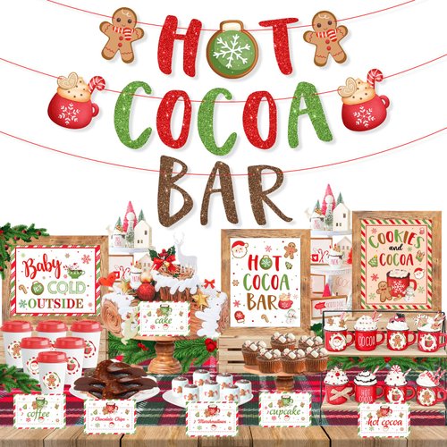 Hot Chocolate Bar Kit, Green Red Christmas Hot Cocoa Bar Supplies, Gingerbread Man Theme Hot Cocoa Bar Banner Sign Toppings Labels Cup Tags for Winter Birthday Baby Its Cold Outside Baby Shower New