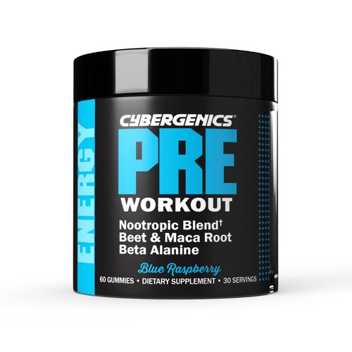 Cybergenics Pre Workout Gummies, Supports Energy Levels, Boosts Performance, Beta Alanine, Green Tea Extract, Nootropic Blend for Focus, Natural Beet Root, Blue Raspberry, 60 Gummies, 30 Servings