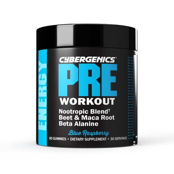 Cybergenics Pre Workout Gummies, Supports Energy Levels, Boosts Performance, Beta Alanine, Green Tea Extract, Nootropic Blend for Focus, Natural Beet Root, Blue Raspberry, 60 Gummies, 30 Servings