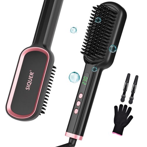 Hair Straightener Brush - SIQUER Ionic Hair Straightening Brush with 13 Temps, LCD Display, 45s Fast Heating, 60mins Auto-Off, Anti-Scald Ceramic Hair Straightener Comb for Home Salon, Black
