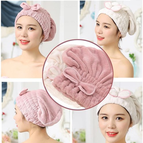 Jseng 2PC Microfiber Hair Drying Caps, Extrame Soft & Ultra Absorbent, Fast Drying Hair Turban Wrap Towels Thick Fluffy Shower Cap for Girls and Women