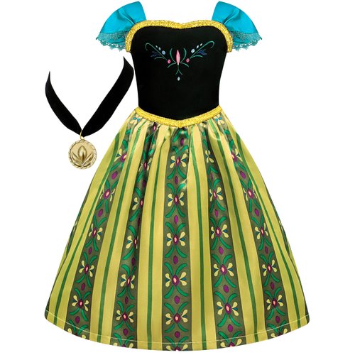 Cokos Box Princess Costumes for Girls Birthday Party Halloween Cosplay Christmas Dress Up Coronation Dress with Necklace Accessories Set, Olive, 5-6 Years