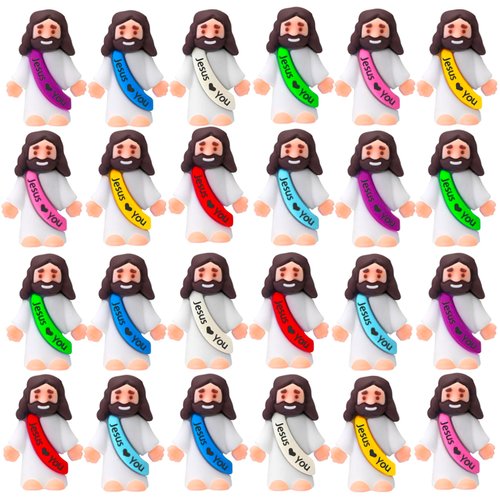 24 Pcs Jesus Toys Original Design Mini Rubber Little Jesus Figurine to Hide and Seek Religious Party Favors Sunday School Craft Baptism Gifts for Christmas Stocking Stuffers