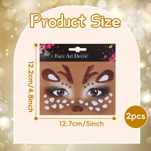 Cute Deer Face Stickers Animal Face Jewel Sticker Christmas Face Sticker Glitter Sparkling Face Art Stickers Party Face Eye Decoration for Christmas,Make Up,Halloween Party 2Pcs