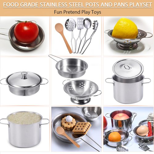 Play Pots and Pans Toys for Kids Kitchen Playset Pretend Cookware Utensils Play Set Play Cooking Toys Mini Stainless Steel Cooking Utensils Toys Kitchen Playset Accessories for Boys Girls