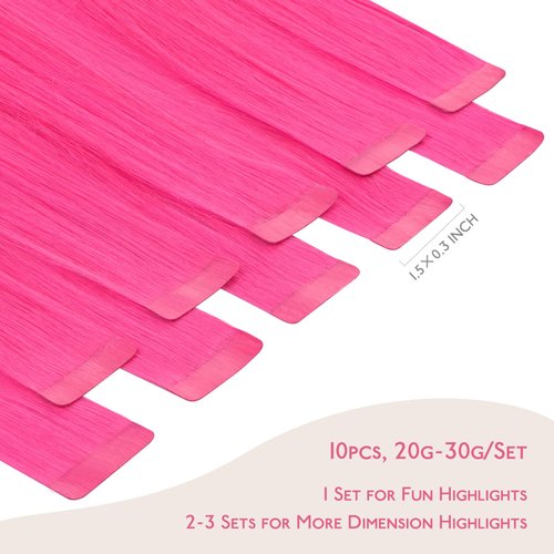 WENNALIFE Tape in Hair Extensions Human Hair Hot Pink Tape in Extensions, 10pcs 25g 14 inch Remy Invisible Tape Ins Straight Colored Soft Real Human Hair Tape in Extensions Refill Set Extensions