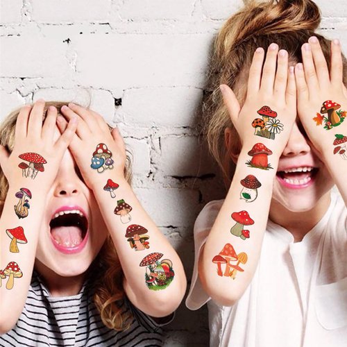 12 Sheets Mushroom Temporary Tattoos for Kids, Mushroom Birthday Party Supplies Decorations Party Favors for Boys Kids Girls Cute Face Fake Tattoos Stickers Party Gifts Game Classroom Rewards