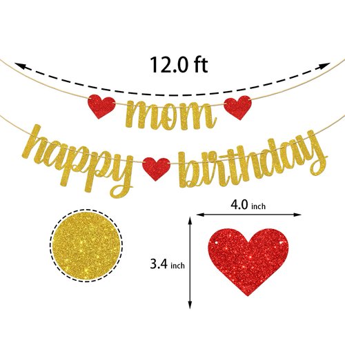 Mom Happy Birthday Banner, Cheers to Monther's Birthday Party Decorations Decors, Women's Birthday/Annversary Party Supplies, Gold&Red Glitter