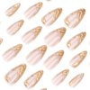 24Pcs Almond Shaped Press on Nails Medium French Tip Fake Nails 3D Gold Glue on Nails Full Cover Acrylic Nails Medium Length False Nail Tips Glossy Stick on Nails Reusable Artificial Nails for Women