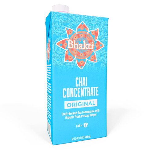 Bhakti Chai Fresh Ginger & Black Tea Concentrate, Original, Vegan, Organic, Fair Trade, Kosher, Gluten-Free, & All-Natural Clean Ingredients, 32 Ounce Carton