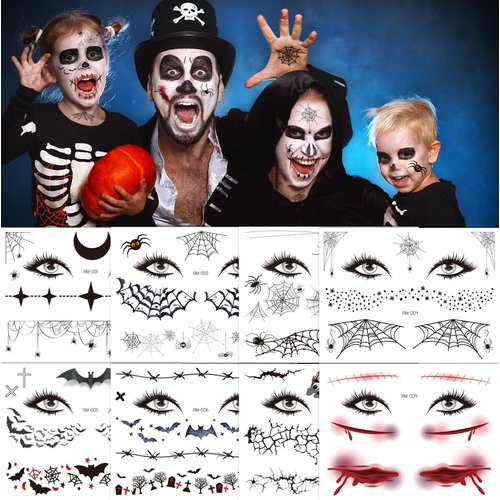 Halloween Temporary Tattoos Spider Web Face Body Fake Tattoos Spider Dark Waterproof Fashion Tattoo Stickers for Halloween Cosplay, Adults and Kids Makeup Tattoos Kit (8 Sheets)
