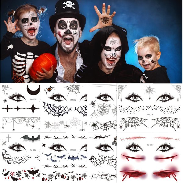 Halloween Temporary Tattoos Spider Web Face Body Fake Tattoos Spider Dark Waterproof Fashion Tattoo Stickers for Halloween Cosplay, Adults and Kids Makeup Tattoos Kit (8 Sheets)