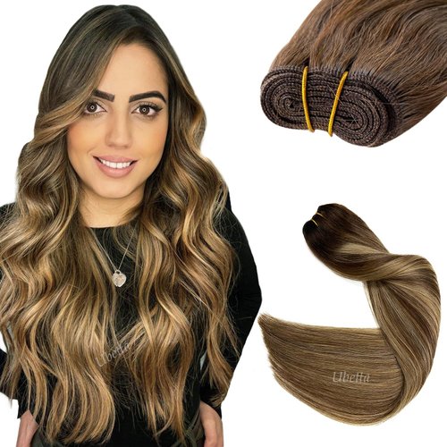 Sew in Hair Extensions Real Human Hair,Balayage Brown and Blonde Highlights Weft Hair Extensions Human Hair Bundles for Women,16 Inch 100G Hand Tied Weft Hair Extensions Human Hair Sew in Extensions