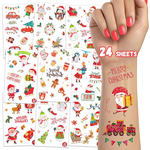 24 Sheets Temp Tattoos for Christmas Advent Days, 336 Styles of Christmas Party Favors and Supplies for Kids, Waterproof Long Lasting Party Decoration Kit for Girls and Boys (Glitter)