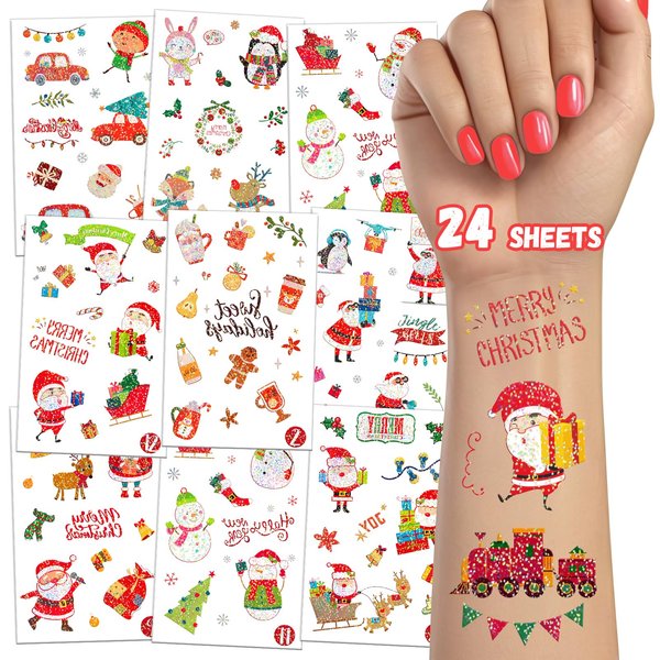 24 Sheets Temp Tattoos for Christmas Advent Days, 336 Styles of Christmas Party Favors and Supplies for Kids, Waterproof Long Lasting Party Decoration Kit for Girls and Boys (Glitter)