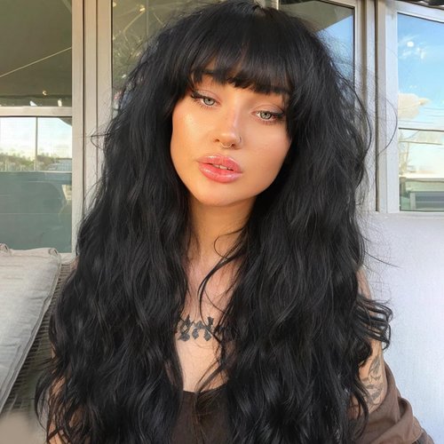 Lady Hanne Human Hair Wigs Natural Wave Human Hair Wig with Bangs for Black Women 18 inches None ...