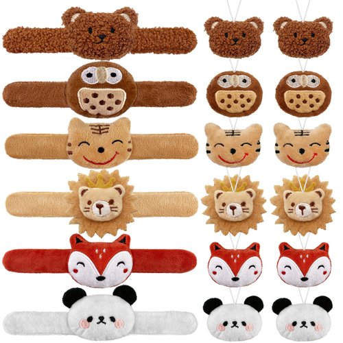 XIPEGPA 18 PCS Mini Animal Plush Toys Set 6 PCS Stuffed Animal Slap Bracelets and 12 PCS Mini Animal Plush Toys Set Cute Wrist Slap Band Toy for Boys Girls Birthday Gifts Party Favors 6 Styles