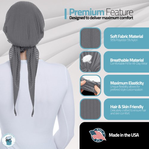 Rebeccah's Well Being Pretied Head Scarf for Women's Hair - USA Made, Soft Chemo Headwear for Women with Elastic Secure Closure - Tichel Hair Wrap