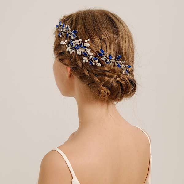 BERYUAN Blue Crystal Rhinestone Comb Pins Set Wedding Hair Accessories Blue Rhinestone Pearls Headband for Women Bridal Blue Crystal Rhienstone Hair Clip for Wedding(3pcs)
