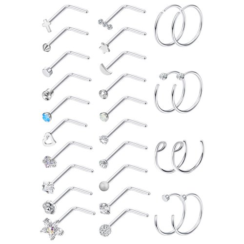 MILACOLATO 28Pcs 20G Nose Rings for Women | 316L Surgical Stainless Steel Nose Rings Hoops | Hypoallergenic L Shaped Nose Rings Studs | Nose Piercing Jewelry for Women Men