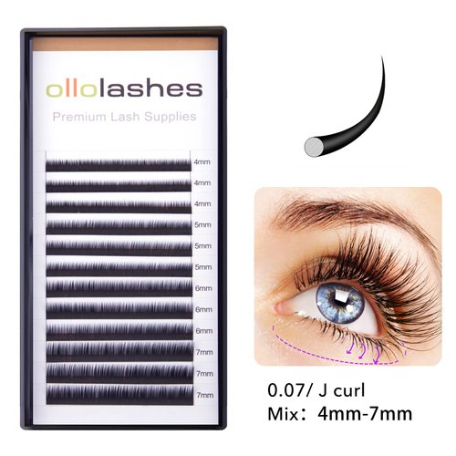 OLLOLASHES Bottom Lash Extension J Curl 0.07mm Mix4-7mm 4mm 5mm 6mm 7mm Black Color Bottom Lash Extensions (Bottom-J-0.07, 4-7mm)