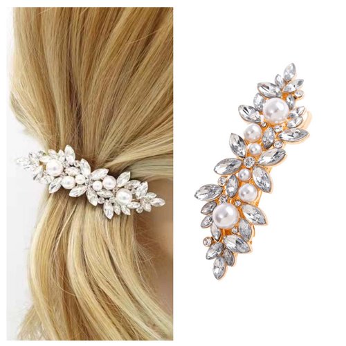 Iaceble Rhinestone Pearl Hair Clip Vintage Gold Crystal Barrette Bridal Hairpin Decorative Wedding Headdress Accessories for Women and Girls (Gold)